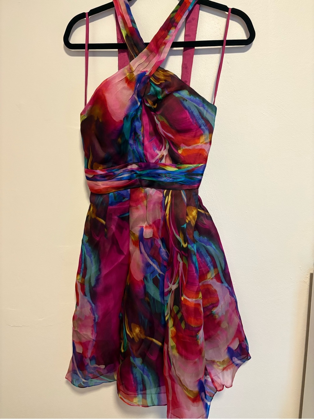 Theia Fuchsia Multicolor Crisscross Halter Dress size 4